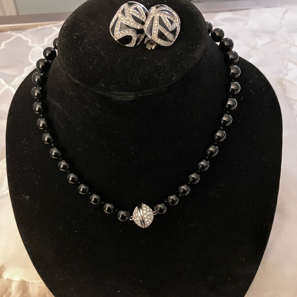 Old money Dior Vintage Black N Diamond Accents Clip Earrings.Onyx Necklace set! - Picture 2 of 15